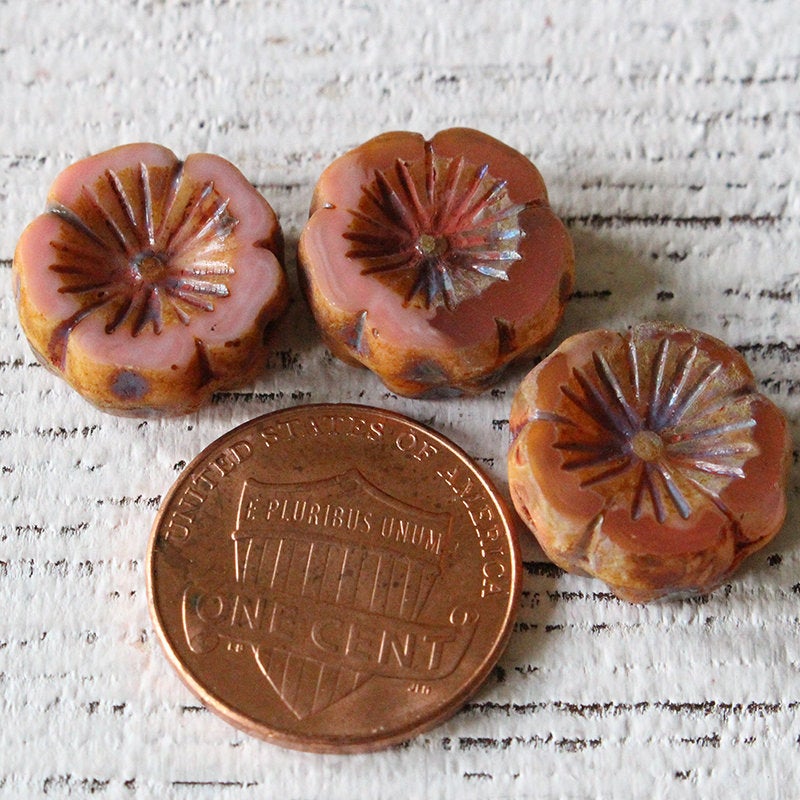 14mm Hibiscus Flower Bead - Opaque Pink Orange Mix - 10 Beads