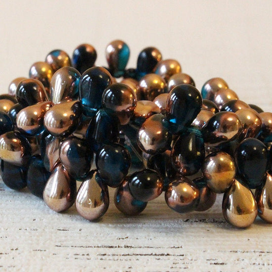 6x9mm Glass Teardrop Beads - Teal with a Gold Finish - 50 Beads