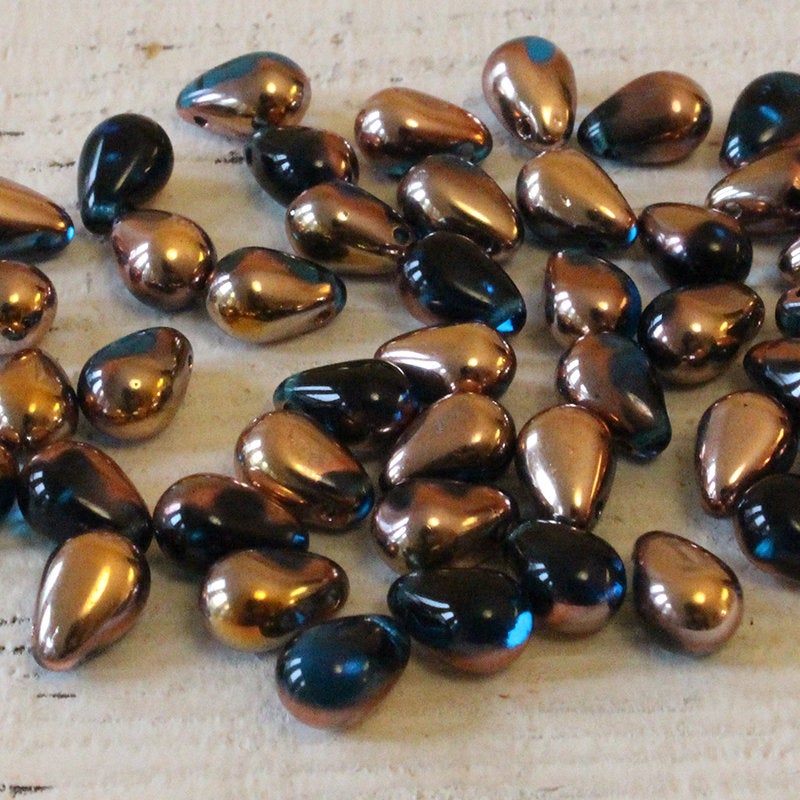 6x9mm Glass Teardrop Beads - Teal with a Gold Finish - 50 Beads
