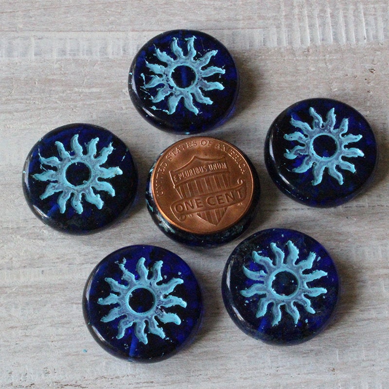 22mm Sun Coin Beads - Transparent Blue with Lt. Blue Sun - 1 Bead
