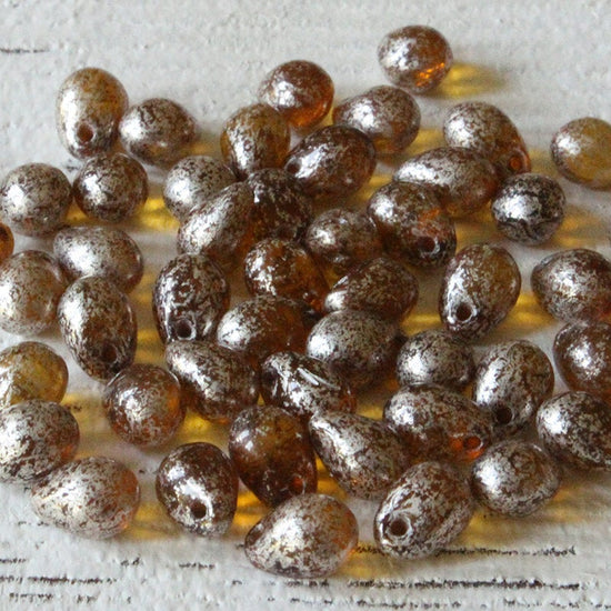 5x7mm Glass Teardrop Beads - Amber Mercury Beads - 50 Beads