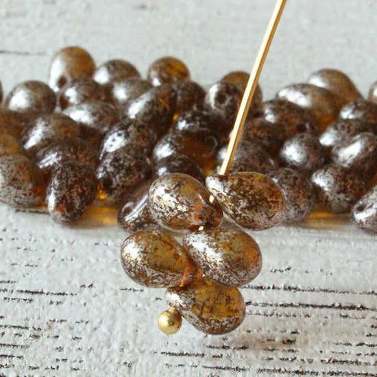 5x7mm Glass Teardrop Beads - Amber Mercury Beads - 50 Beads