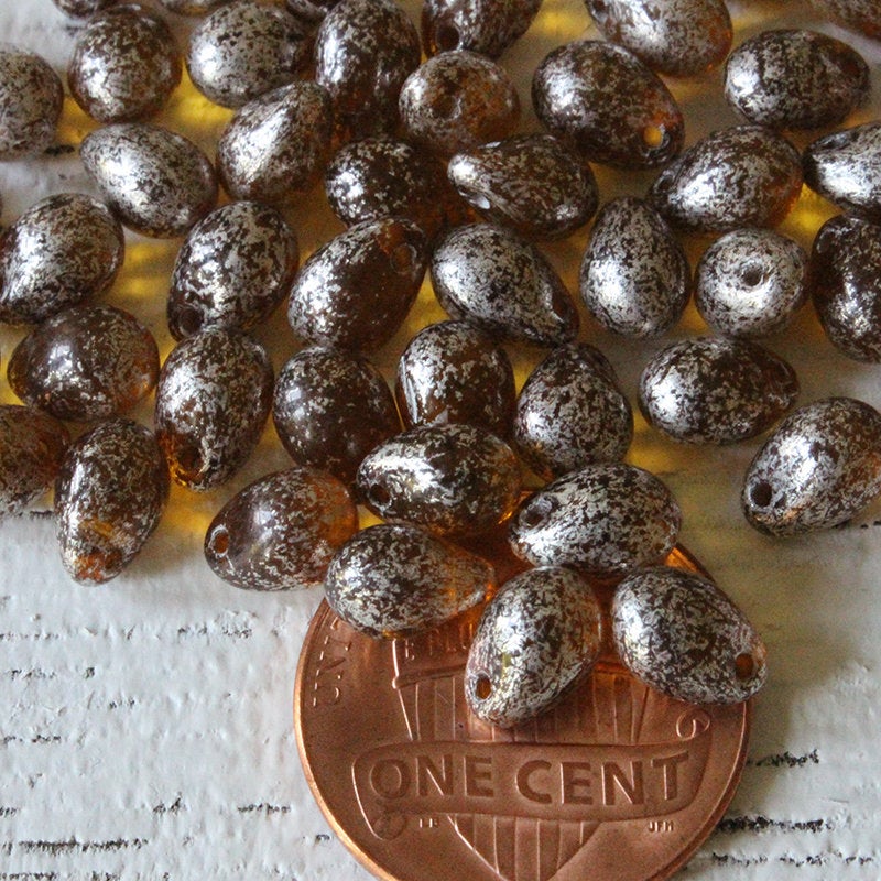 5x7mm Glass Teardrop Beads - Amber Mercury Beads - 50 Beads