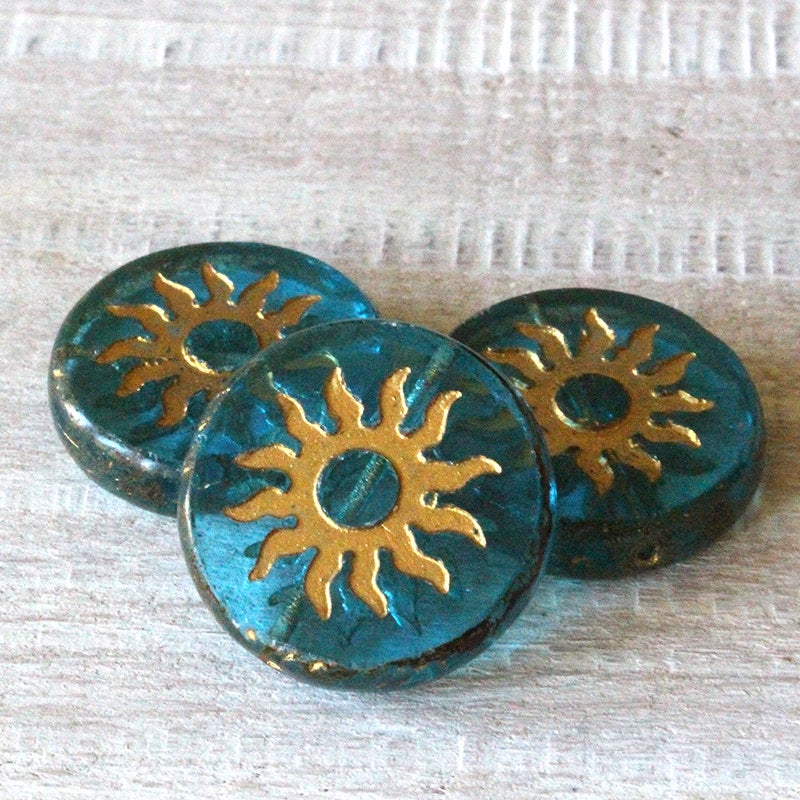 22mm Sun Coin Beads - Blue Aqua with Gold Leaf - 1 Bead