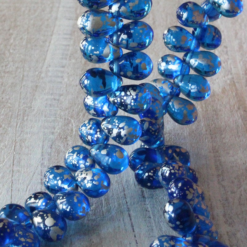6x9mm Glass Teardrop Beads - Capri Blue Silver Dust - 50 Beads