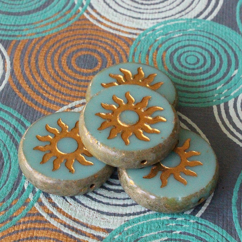 Load image into Gallery viewer, 22mm Sun Coin - Opaque Turquoise with Gold Sun - 1 Bead
