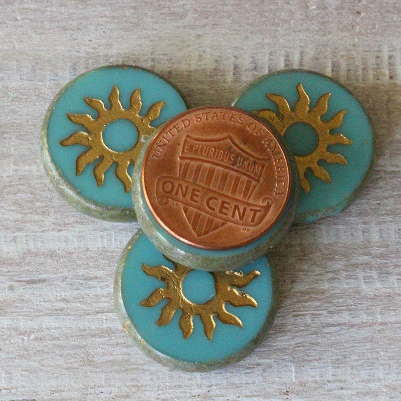 Load image into Gallery viewer, 22mm Sun Coin - Opaque Turquoise with Gold Sun - 1 Bead
