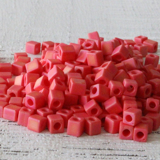 4mm Miyuki Cube Beads  - Opaque Coral Red AB
