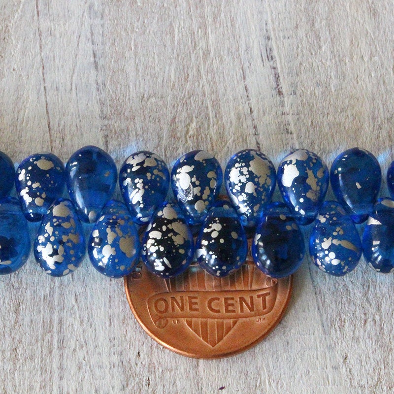 6x9mm Glass Teardrop Beads - Capri Blue Silver Dust - 50 Beads