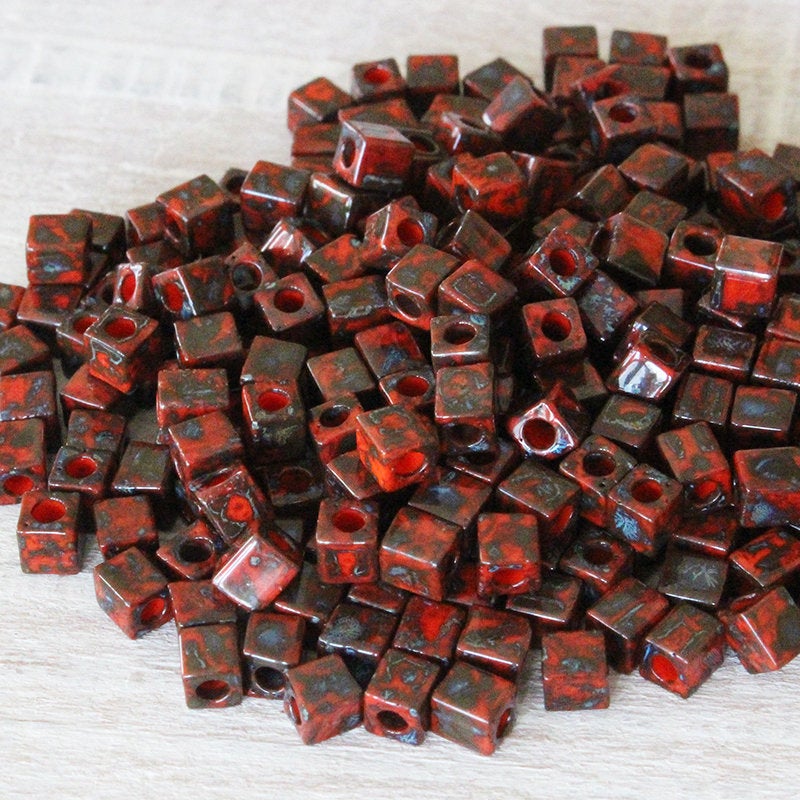 4mm Miyuki Cube Beads  - Opaque Red Picasso