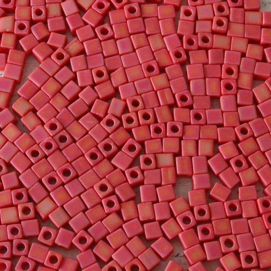 4mm Miyuki Cube Beads  - Opaque Coral Red AB