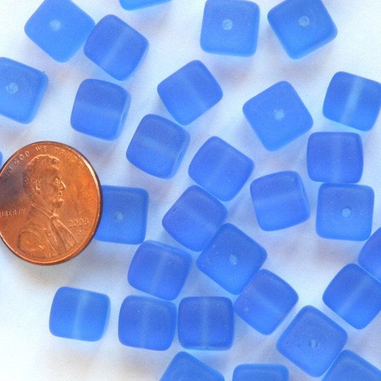 9x11mm Frosted Glass Cube Beads - Sapphire