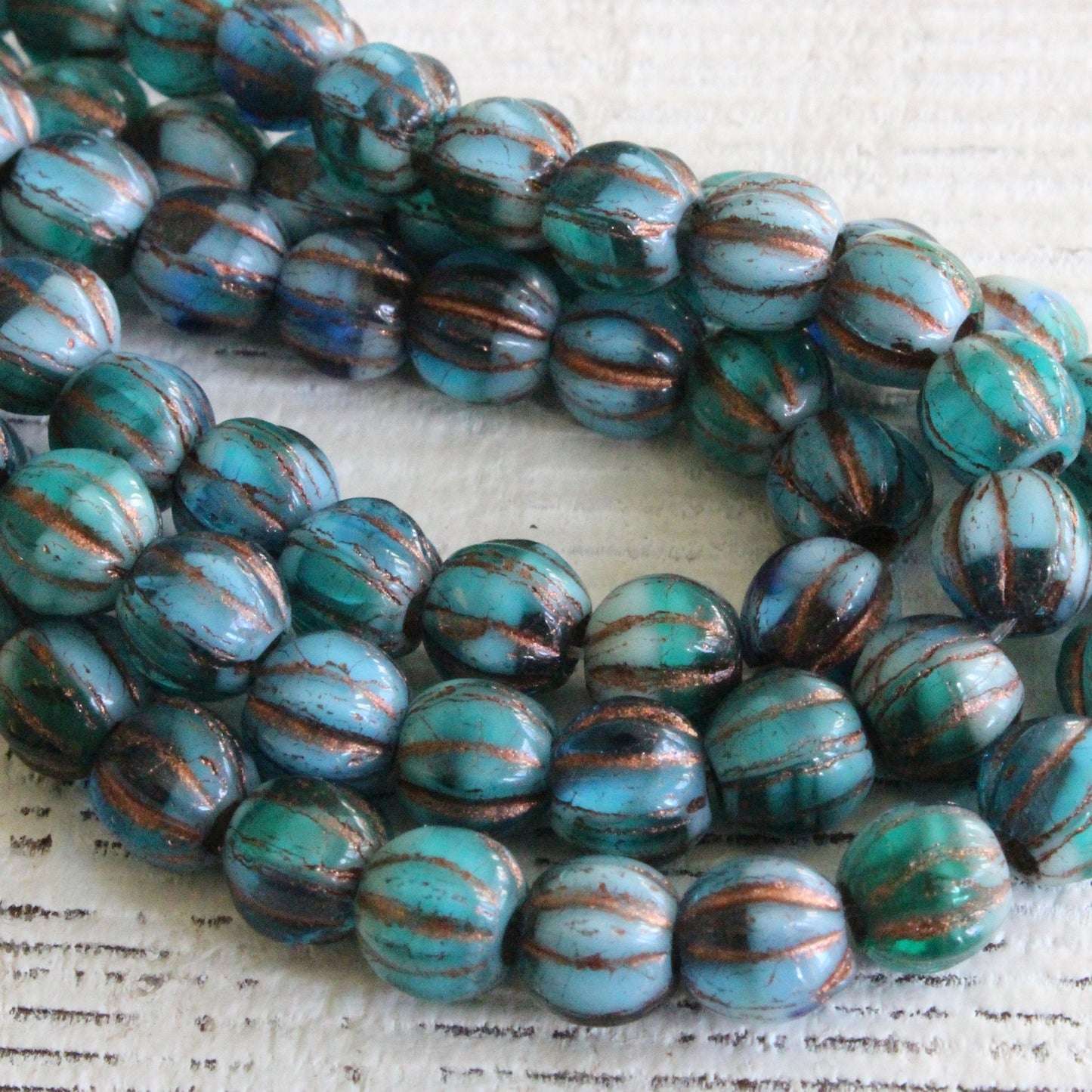 6mm Melon Beads - Green Blue Mix With Bronze Wash - 50 Beads