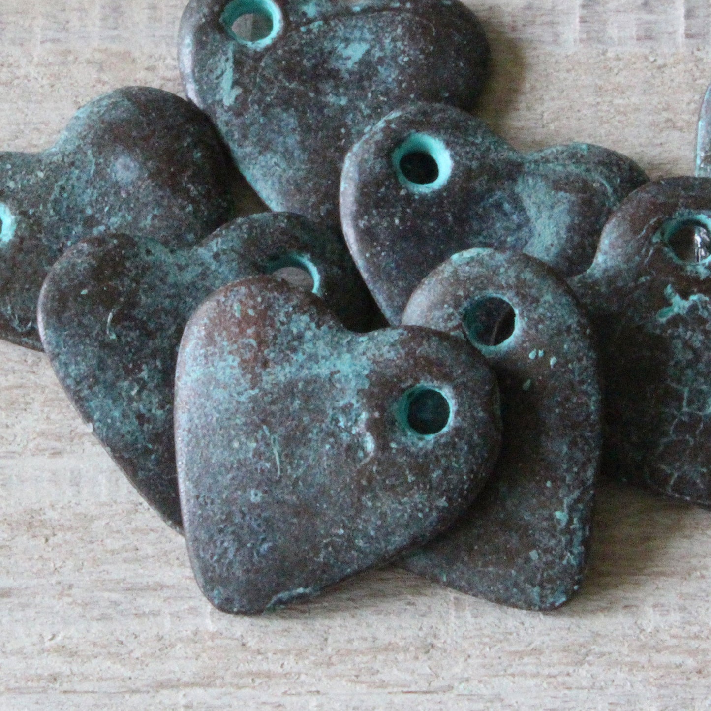 14mm Mykonos Metal Heart Beads - Green Patina