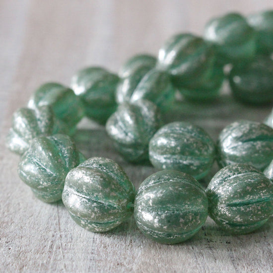 10mm, 12mm Melon Beads - Celadon with Silver Dust - 15