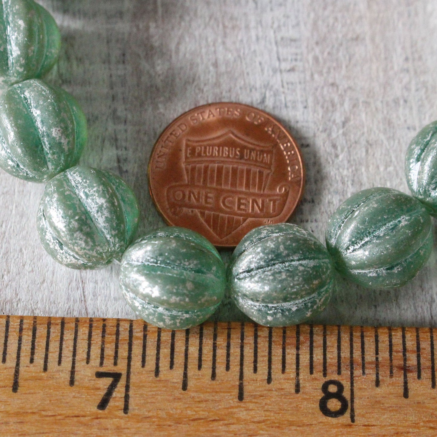 10mm, 12mm Melon Beads - Celadon with Silver Dust - 15