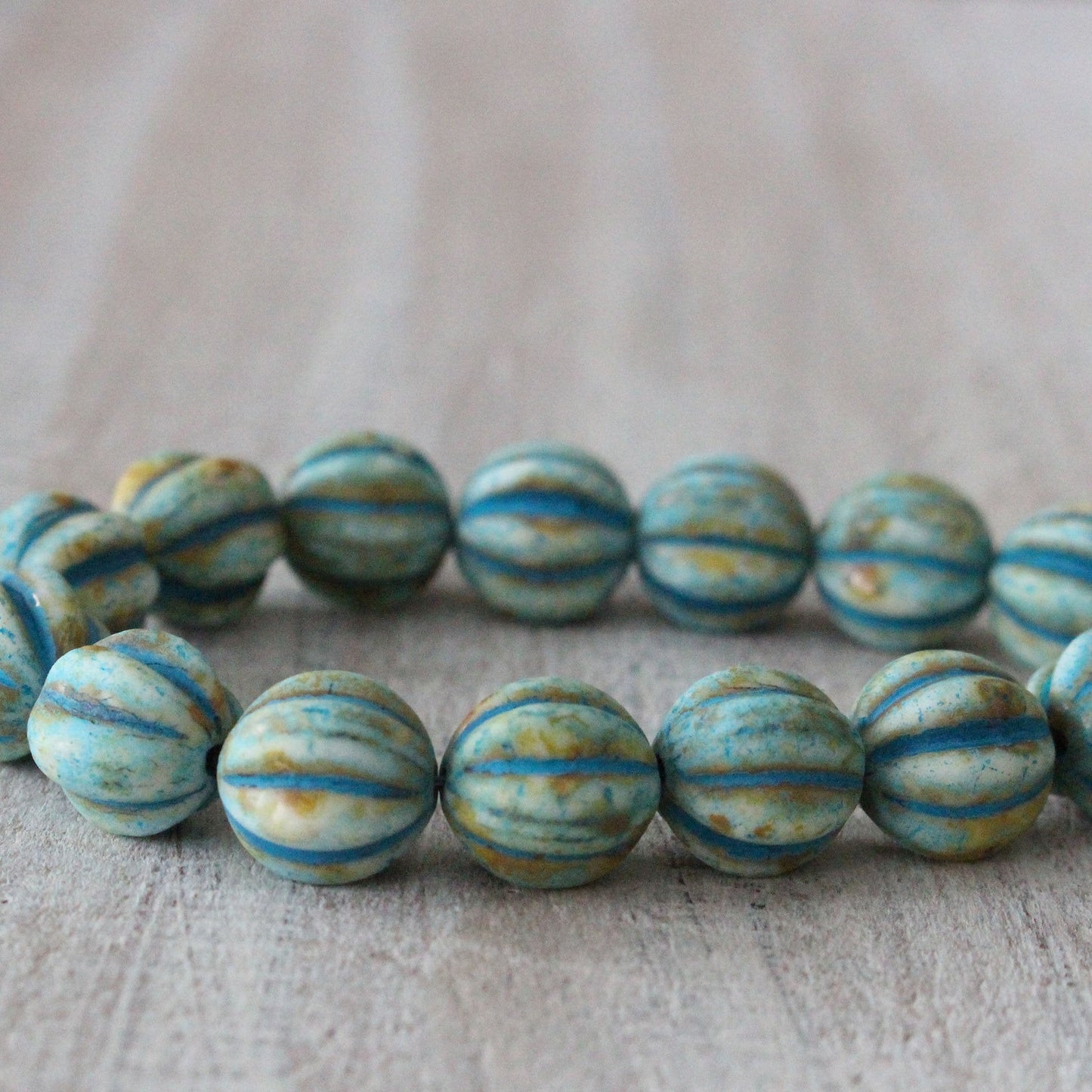 10mm Melon Beads - Aged Ivory with Turquoise - 15 Beads