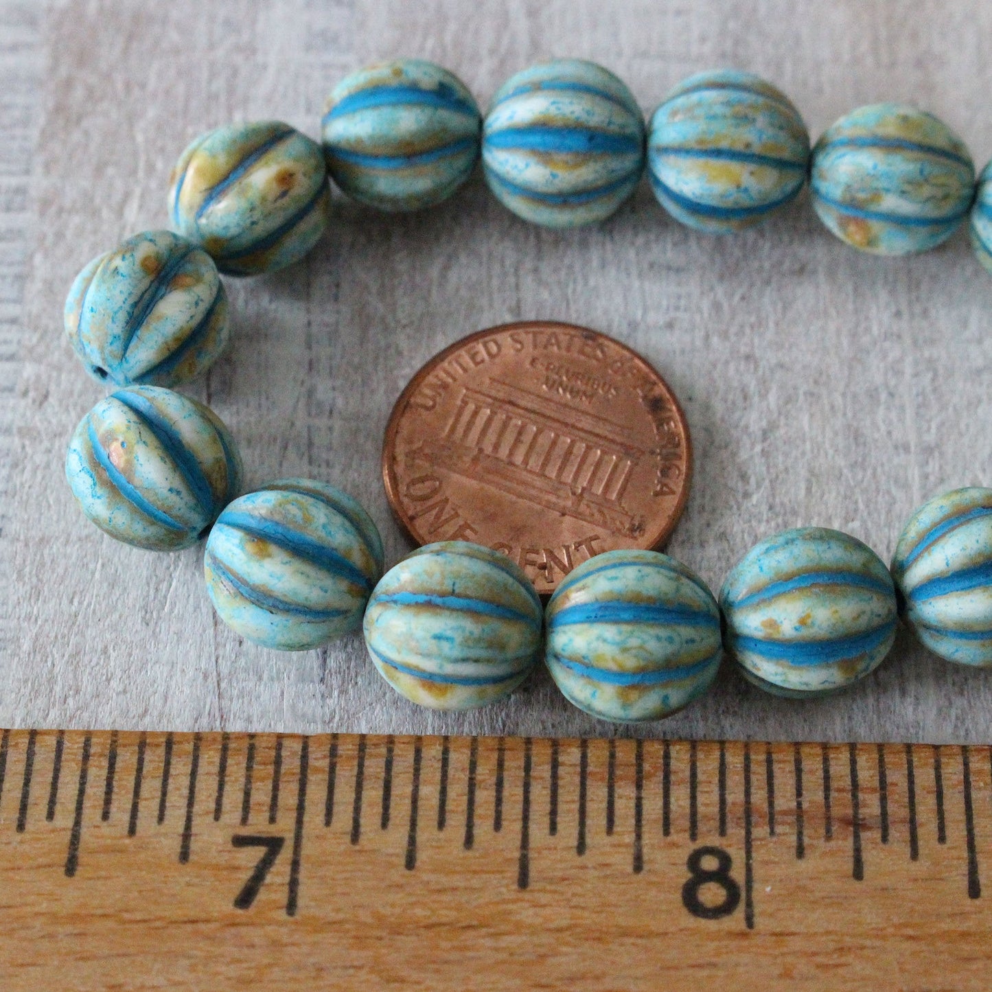 10mm Melon Beads - Aged Ivory with Turquoise - 15 Beads