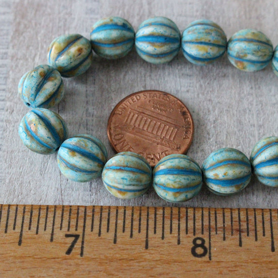 Load image into Gallery viewer, 10mm Melon Beads - Aged Ivory with Turquoise - 15 Beads
