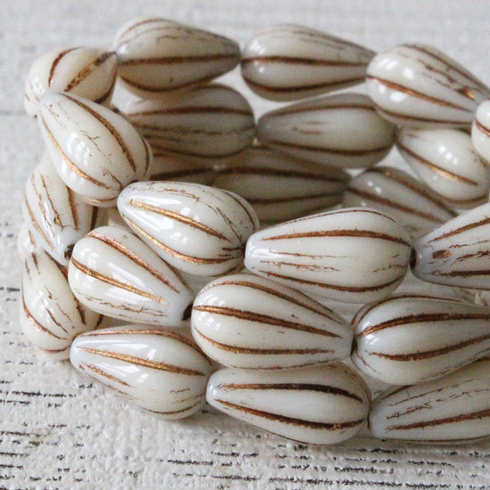 8x13mm Melon Drop - Opaque Ivory with Bronze Wash - 10 Beads