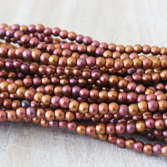 3mm Round Glass Beads - Metallic Pink Gold Iris Matte - 92 Beads