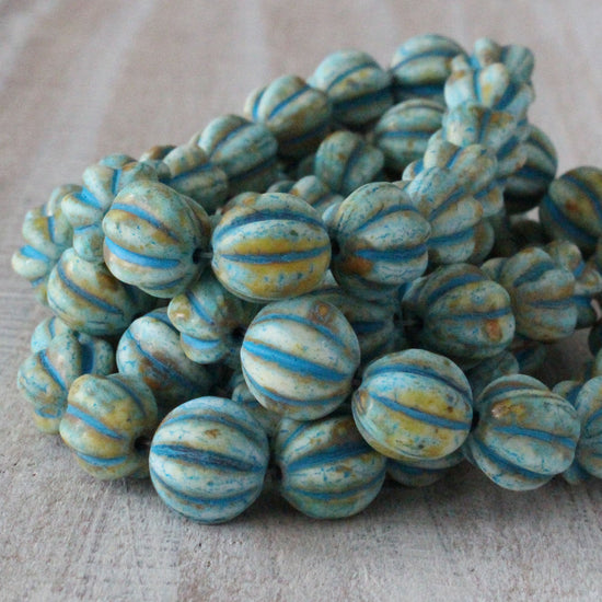 10mm Melon Beads - Aged Ivory with Turquoise - 15 Beads