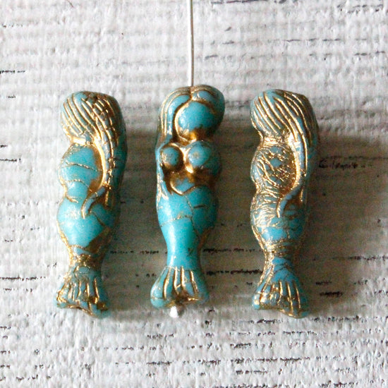 5x25mm Glass Mermaid Beads - Opaque Turquoise with Gold Wash