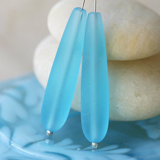 8x38mm Frosted Glass Long Drill Drops - Aqua - 10 Beads