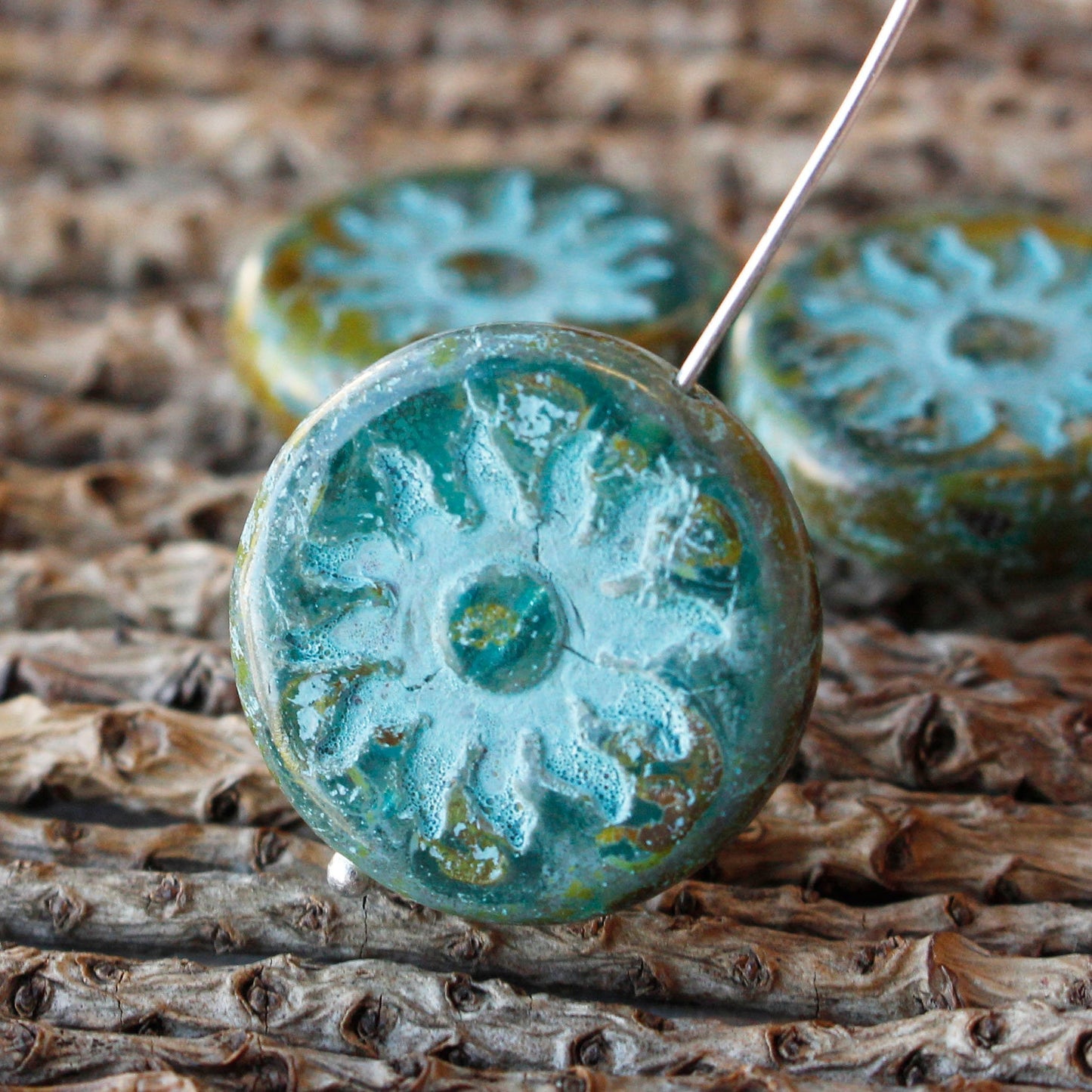 22mm Sun Coin Beads - Mixed Turquoise with Aqua Sun - 1 Bead