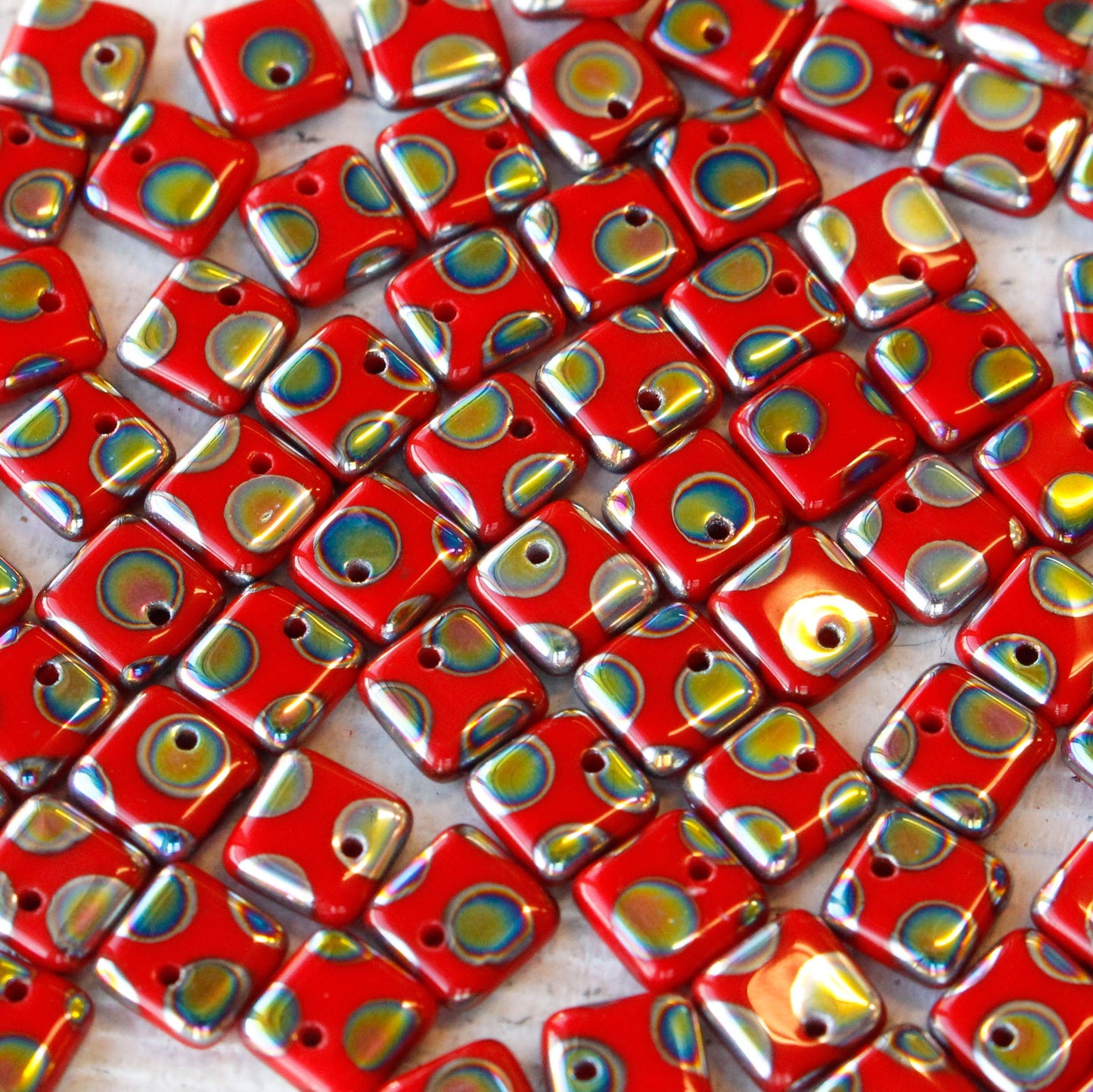Load image into Gallery viewer, 6mm Tile Drop Bead -  For  - Top Drilled Tile - Opaque Red Dotted Peacock Vitrail  - 50 Beads
