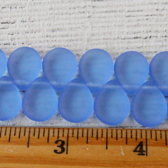 12x16mm Flat Glass Teardrop Beads - Sapphire Matte - 20 Beads