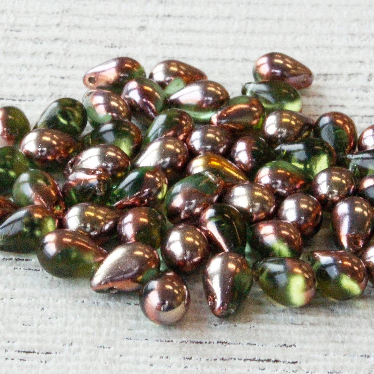 6x9mm Glass Teardrop Beads - Olivine with Gold Bronze - 50 Beads