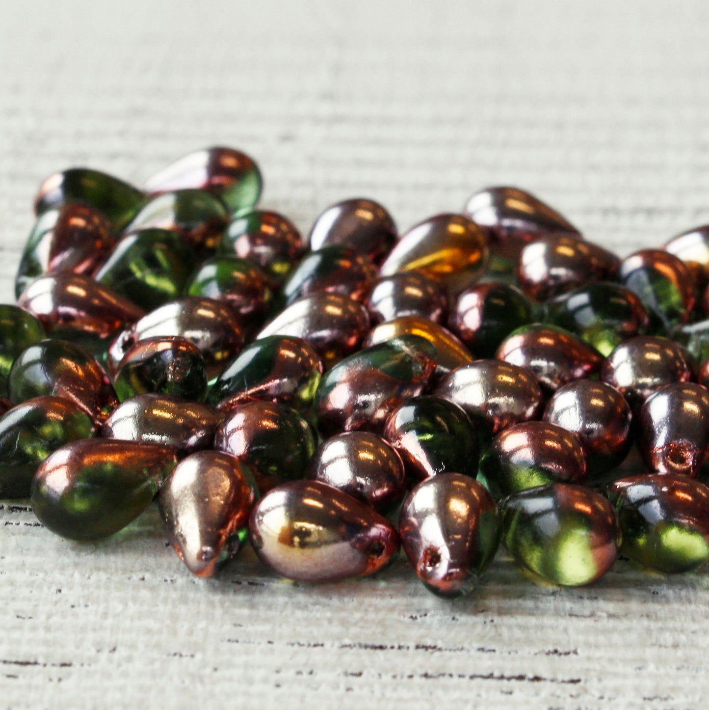 6x9mm Glass Teardrop Beads - Olivine with Gold Bronze - 50 Beads