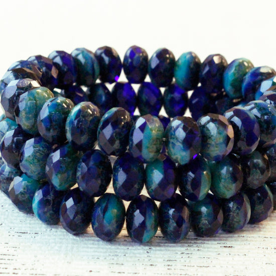 6x9mm Rondelle Beads - Opaque Cobalt and Turquoise with Bronze - 25