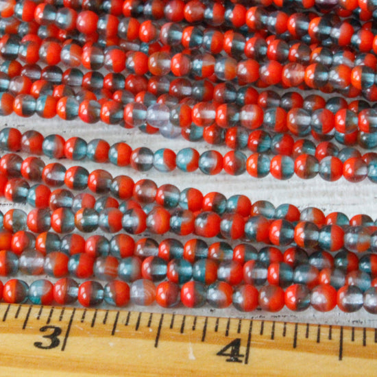 4mm Round Glass Beads - Red and Green - 90 Beads