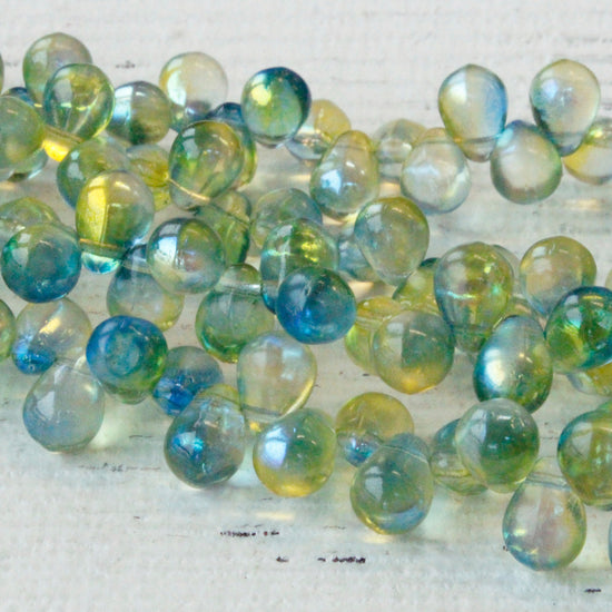 6x8mm Glass Teardrop Bead - Transparent Blue Green Mix  - 50 Beads