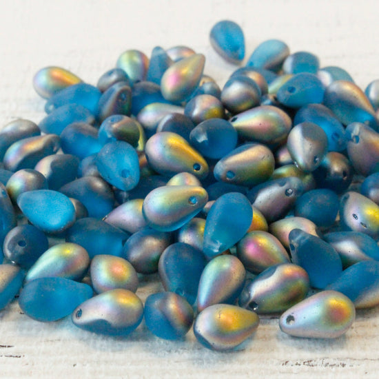 Load image into Gallery viewer, 6x9mm Glass Teardrop Beads - Teal &amp;amp; Silver Matte - 50 Beads

