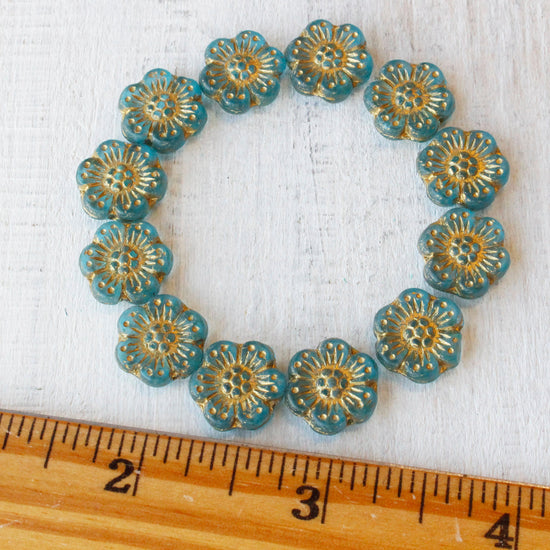 Load image into Gallery viewer, 14mm Anemone Flower Beads - Matte Seafoam with Gold Wash - 12 Beads
