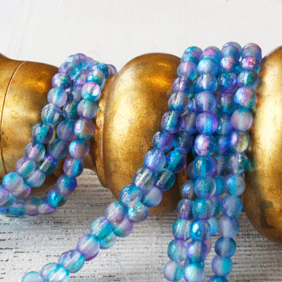 6mm Round Glass Beads - Etched Blue Lavender - 25 Beads