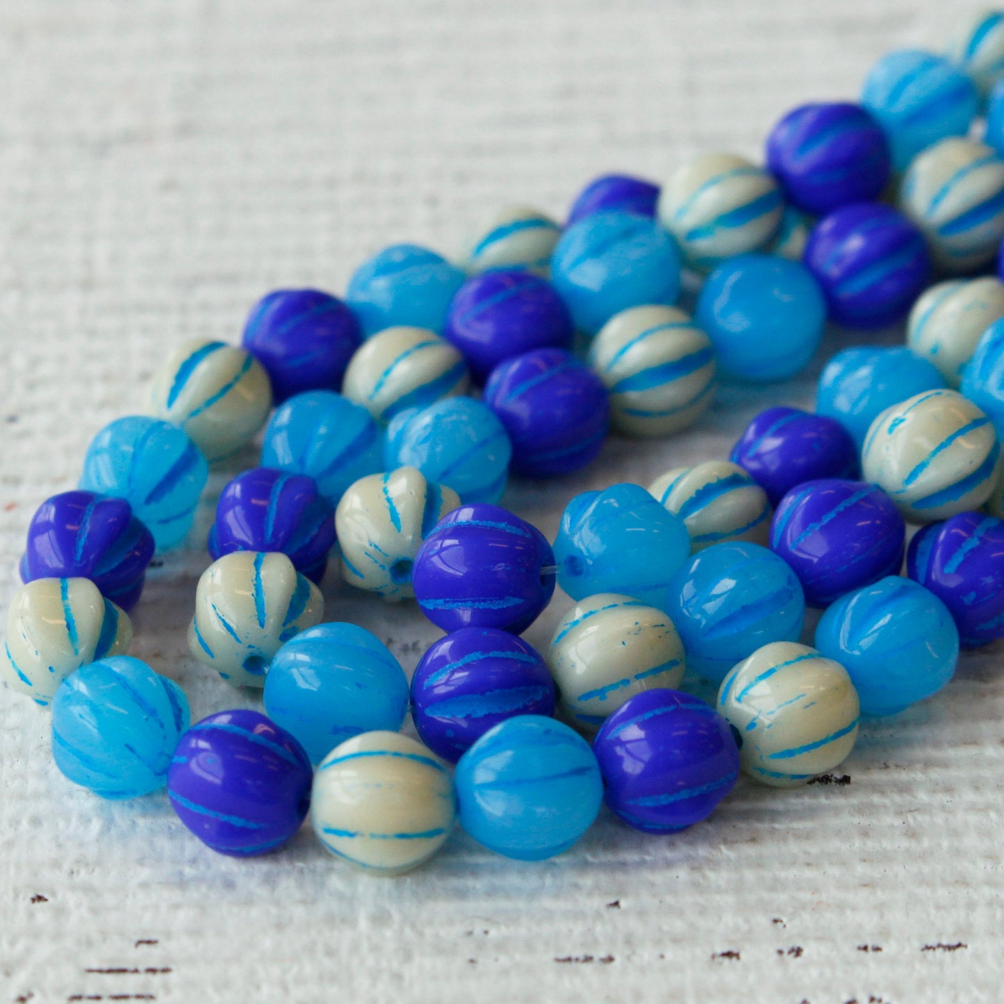 6mm Melon Beads - Blue Mix with Turquoise Wash - 25 Beads