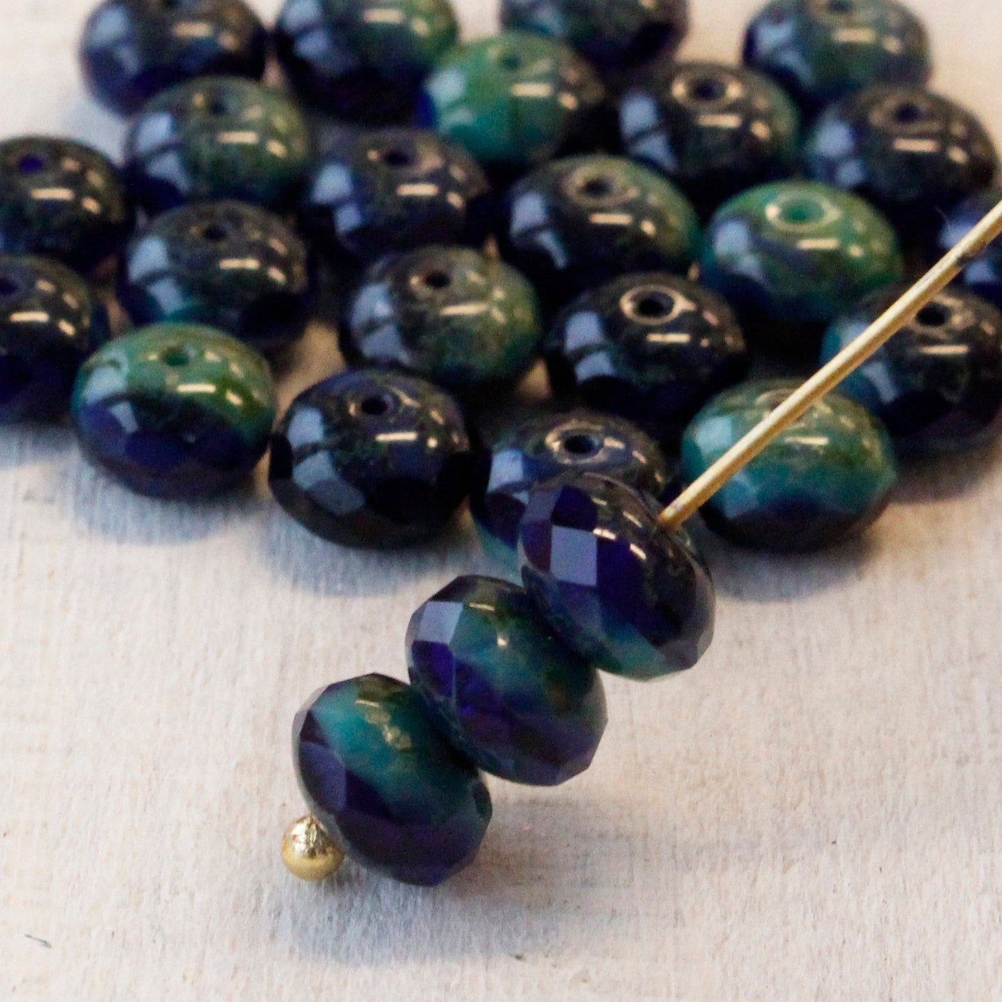 6x9mm Rondelle Beads - Opaque Cobalt and Turquoise with Bronze - 25