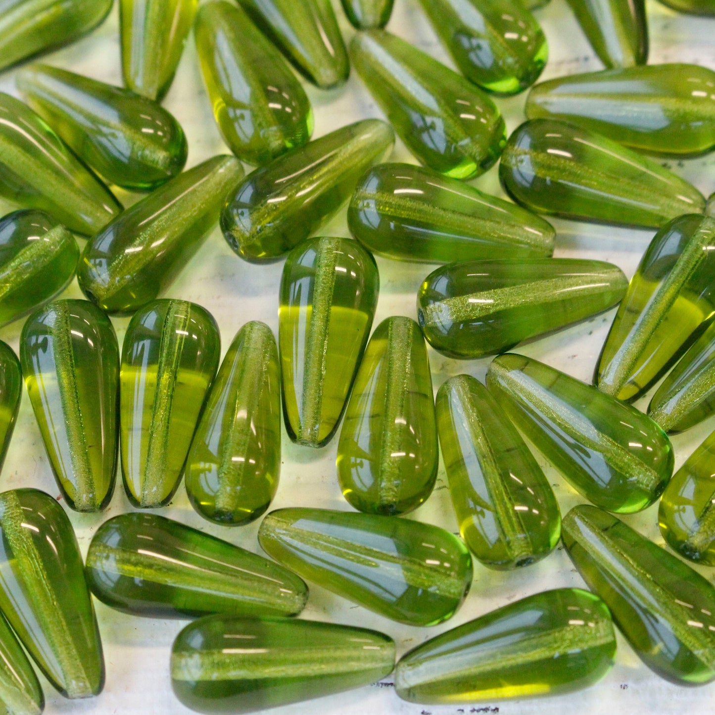 9x20mm Long Drilled Drops - Lime Green - 20 Beads