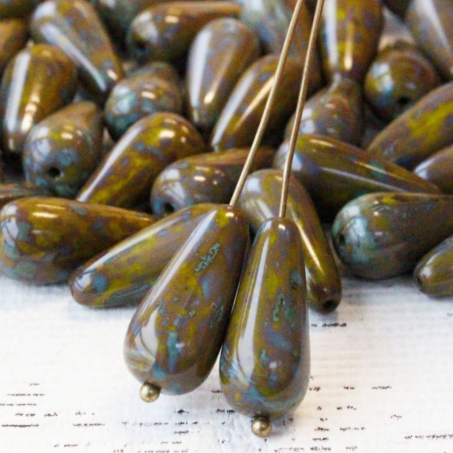 Load image into Gallery viewer, 9x20mm Long Drop Beads - Olive Picasso - 10 Beads
