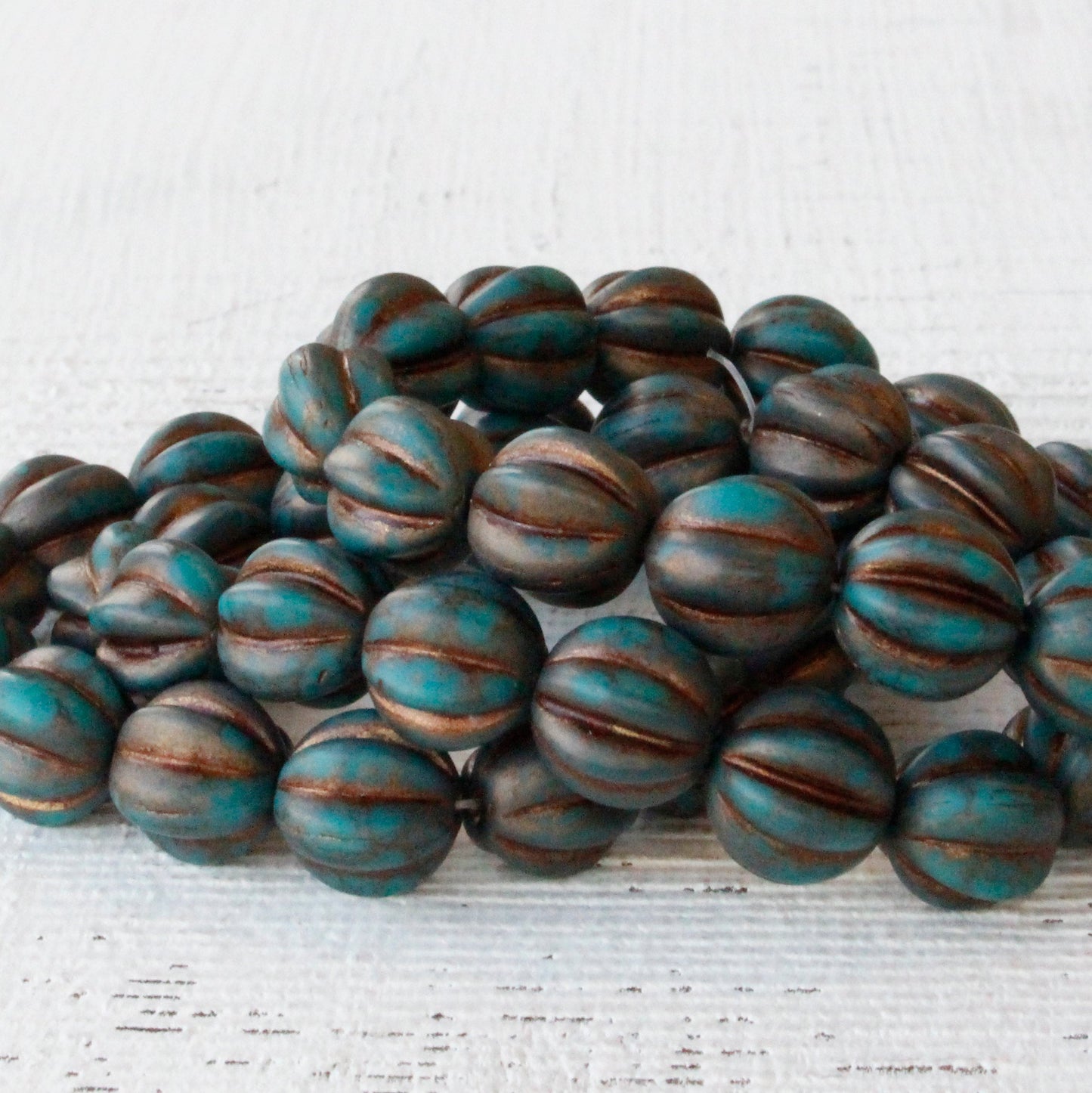 10mm Melon Beads - Matte Turquoise with Gold Wash - 15 Beads