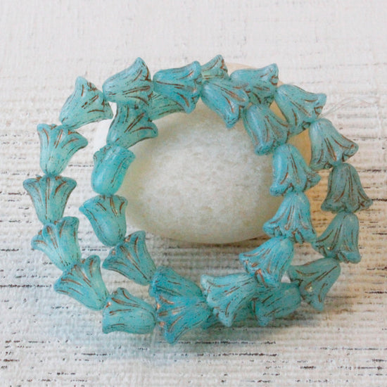 Lily Flower Beads - Aqua Blue Opaline with Gold Wash - 15 Beads