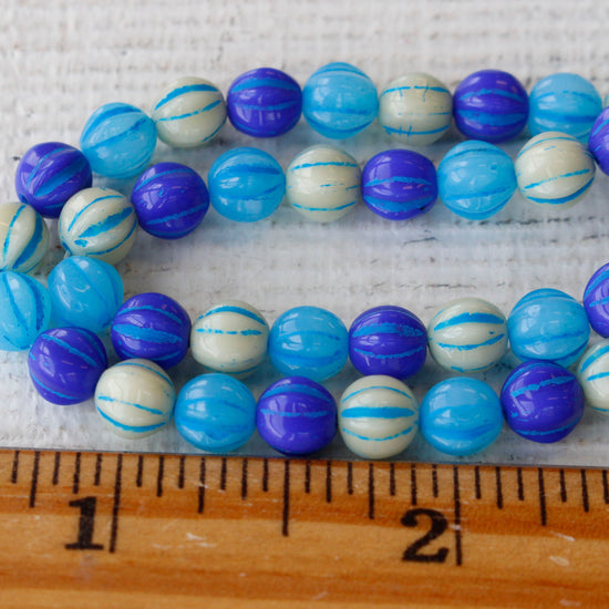 6mm Melon Beads - Blue Mix with Turquoise Wash - 25 Beads