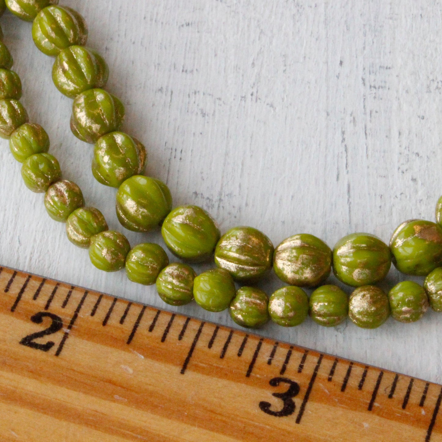 4mm Melon Beads - Green with Gold Dust - 50 Beads