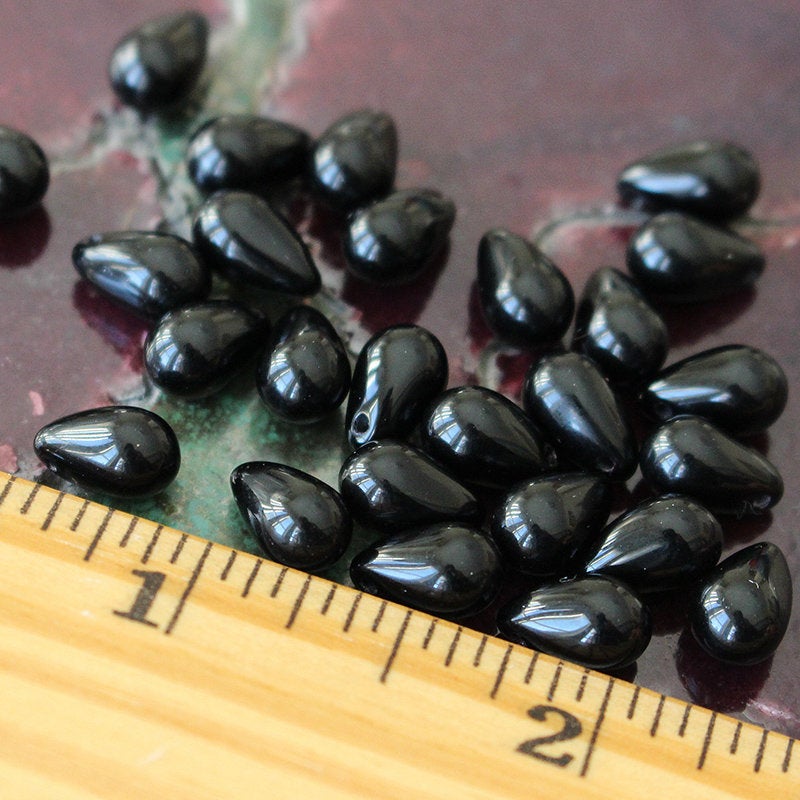 Load image into Gallery viewer, 6x9mm Glass Teardrop Beads - Opaque Black - 50 Beads
