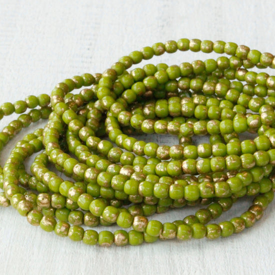 3mm Round Glass Beads - Avocado Green with Gold Flakes - 100 Beads