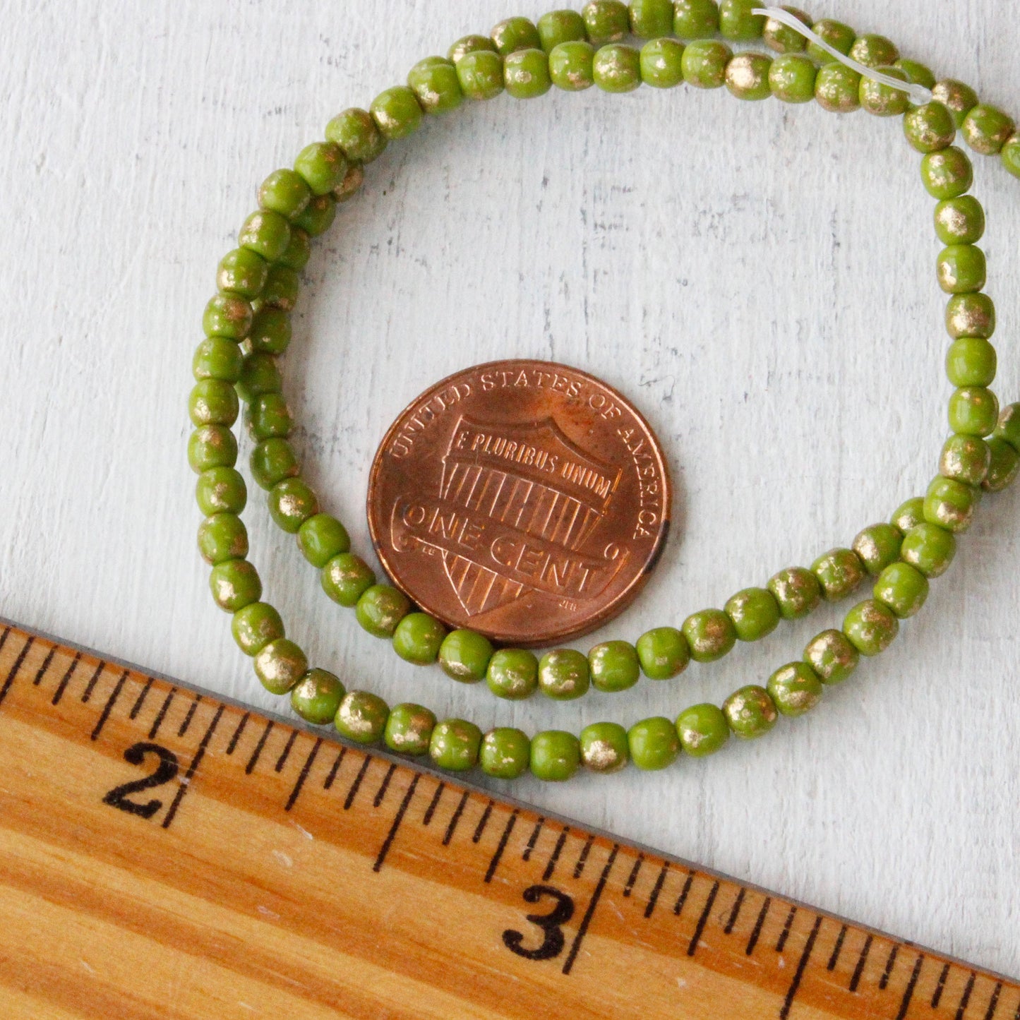 3mm Round Glass Beads - Avocado Green with Gold Flakes - 100 Beads